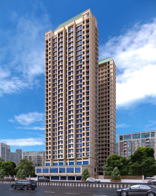 Luxury high-rise tower with rooftop amenities overlooking a bustling roadside in Andheri West